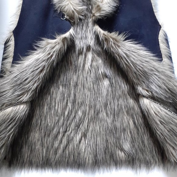 Sport Haley Blue Faux Fur Hook Front Vest Brown Faux Fur Trim Pockets Size M - Picture 7 of 11